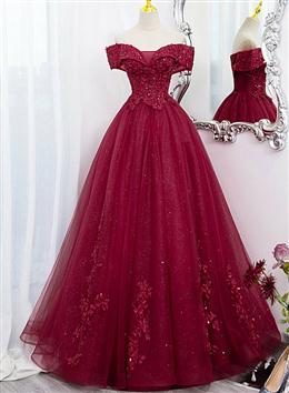 Picture of Burgundy Sweetheart Flowers Sequins Lace Party Dresses, Long Formal Dresses Prom Dresses